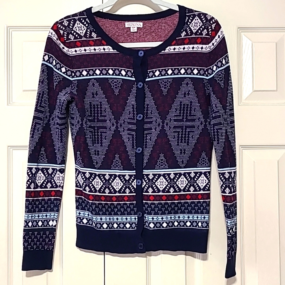 Merona Women's Winter Blue and Red Patterned Sweater